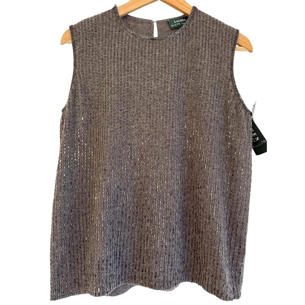 Lauren Ralph Lauren Grey Beaded Merino Cashmere Angora Sleeveless Knit Top L NWT